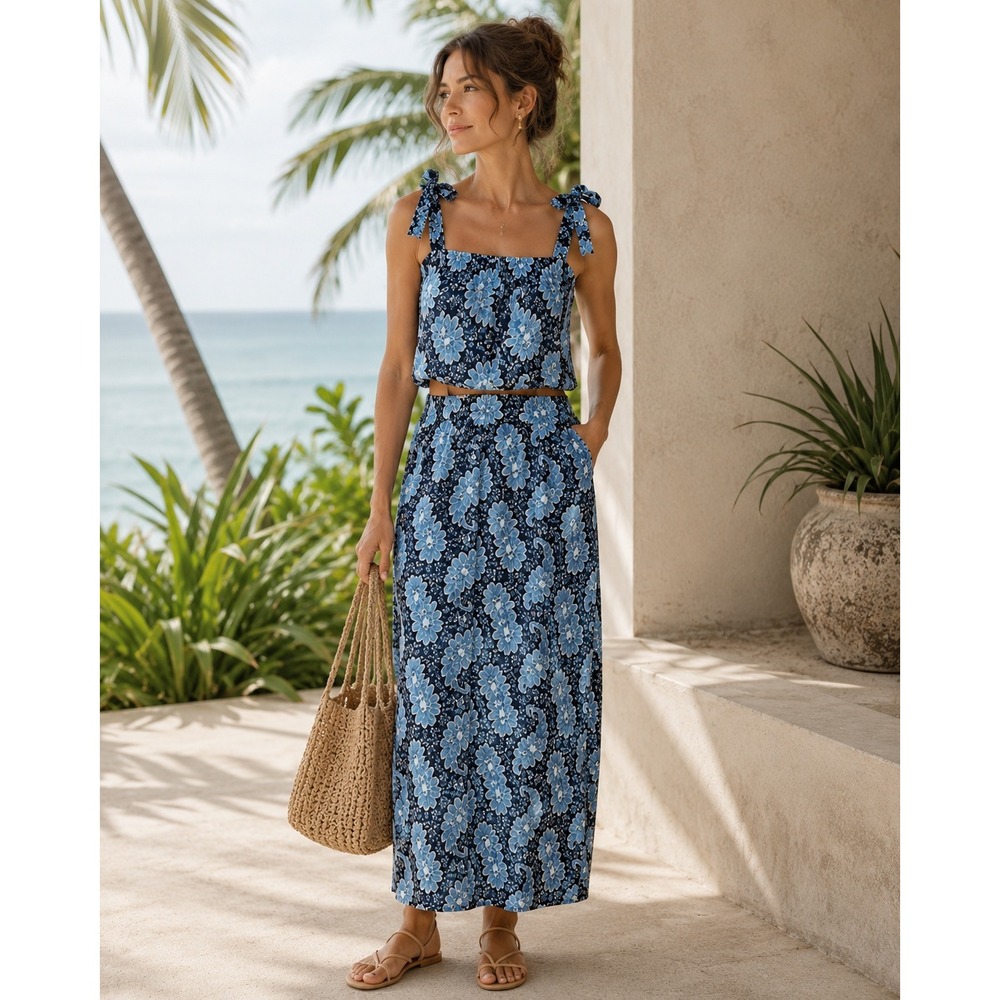 J. Crew Collection Tie-Shoulder Tank & Maxi Skirt Set Ratti Pacific Paisley Blue